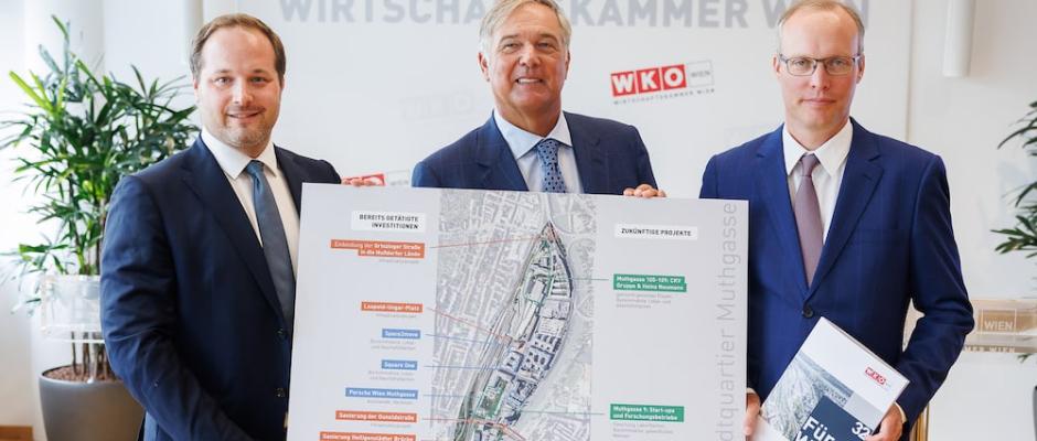 Präsentierten die Chancen und Potenziale des Stadtquartiers Muthgasse: Bezirksvorsteher Daniel Resch, WKW-Präsident Walter Ruck und WKW-Direktor-Stv. Alexander Biach (v.l.).