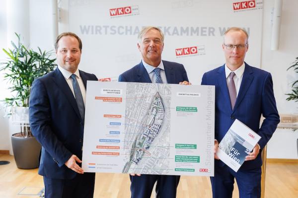Präsentierten die Chancen und Potenziale des Stadtquartiers Muthgasse: Bezirksvorsteher Daniel Resch, WKW-Präsident Walter Ruck und WKW-Direktor-Stv. Alexander Biach (v.l.).