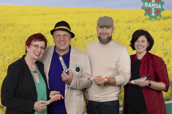 Sie feierten mit RAMSA 100 Jahre Senfgeschichte: Senior-Chefin Liselotte Puta, Stefan Schauer (Staud's Wien), Michael Mann (Bäckerei Mann), und Ramsa-Chefin Katrin Segel